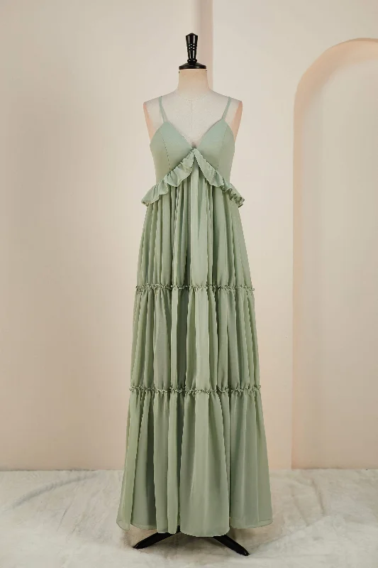 Sale Event ashionable dressDusty Sage Lace-Up Deep V Neck Ruffled Empire Long Bridesmaid Dress