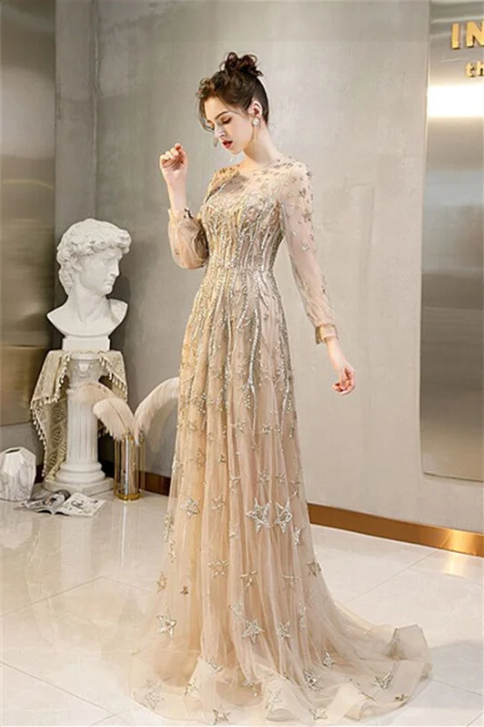 Price Fest t-shirt dressLuxurious Long Sleeves Gold Long Evening Dress