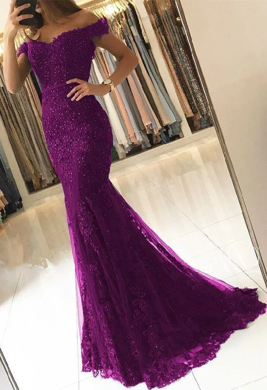 Limited Availability flowy maxi dressOff Shoulder Lace V-neck Mermaid Prom Dresses Purple Formal Evening Gowns Y198