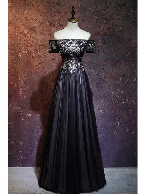 Bargain Bin Black Prom Dresses Off-the-shoulder A-line Short Sleeve Long Prom Dress Evening Dress JKL513