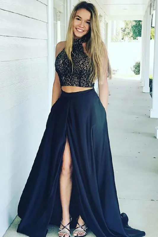 Doorbuster Deal Two Piece High Neck Sweep Train Split Navy Blue Satin Prom Dress with Lace LR371