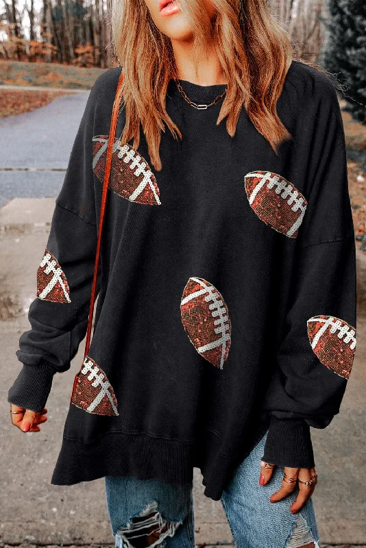 Price Cut trendy zip-up hoodiemodern athletic hoodieSequin Football Patch Slit Sweatshirt