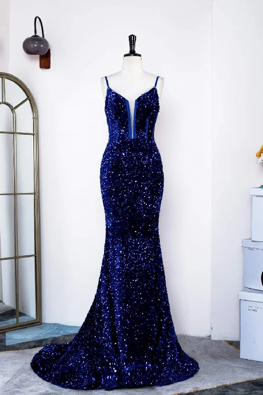 Customer Appreciation Sale chic dressRoyal Blue Mermaid Spaghetti Straps Sequins Long Prom Dress
