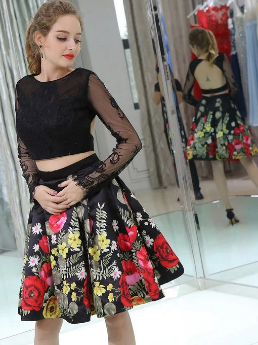 Savings Alert Two Piece Homecoming Dresses Little Black Dress Floral Print Short Prom Dress Party Dress JK677