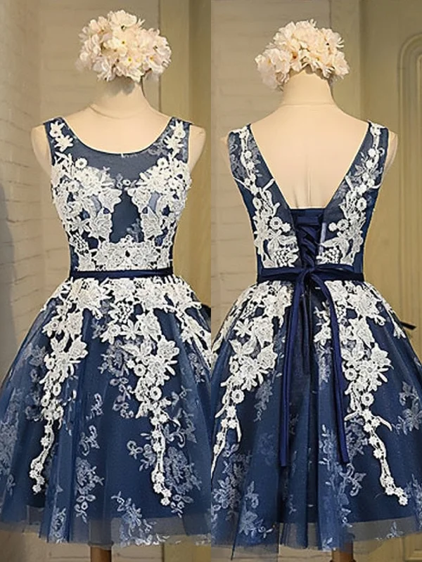 Savings Event Light Blue Tulle Lace Applique Short Homecoming Dresses with Straps