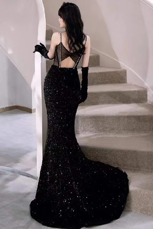Early Access ashionable dressBlack Mermaid Sequins Prom Dress Spaghetti Straps Sleeveless Beading Party Gown  Y4110