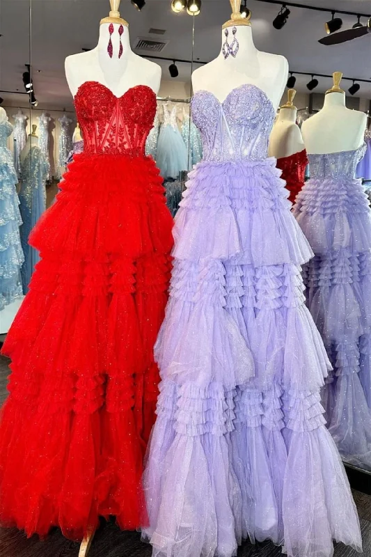 Bonus Savings off-the-shoulder dressLavender Floral Appliques Layers Long Prom Dress