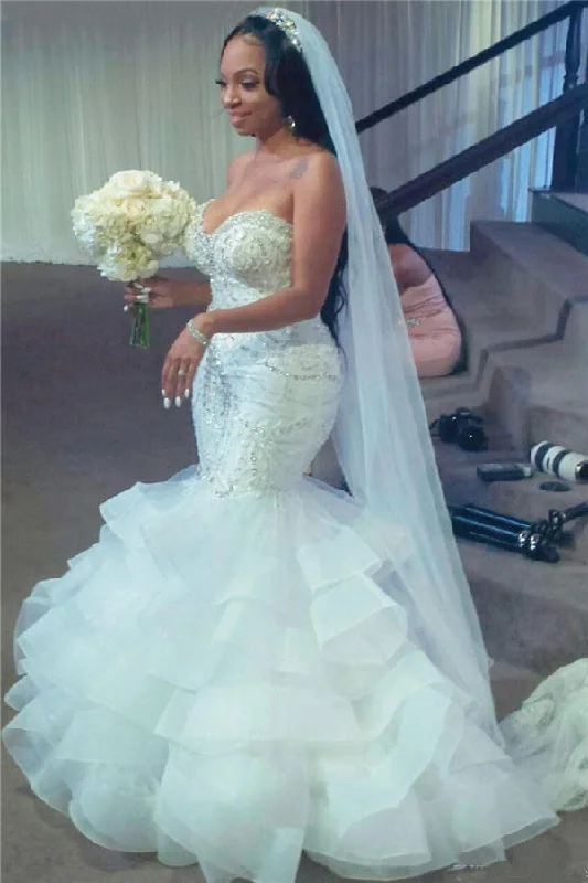 Markdowns Spaghetti Strap Mermaid White Ruffless Bridal Gowns