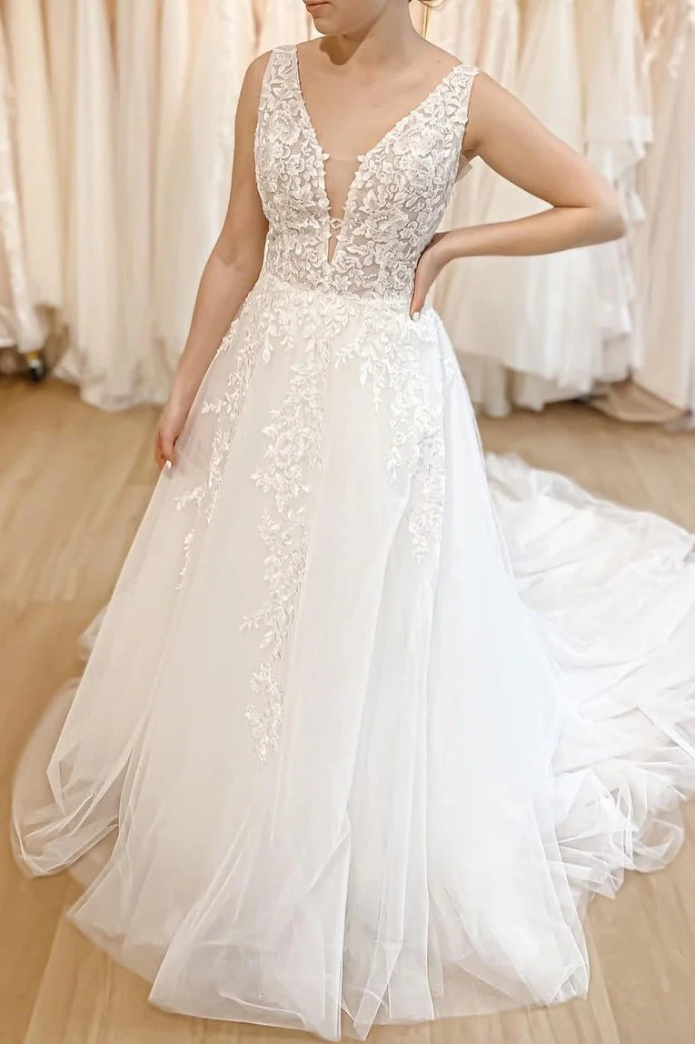 Price Drop Alert evening dressTulle A-Line Low V-Neck Sleeveless Appliques Wedding Dress Price Drop Alert evening dressTulle A-Line Low V-Neck Sleeveless Appliques Wedding Dress