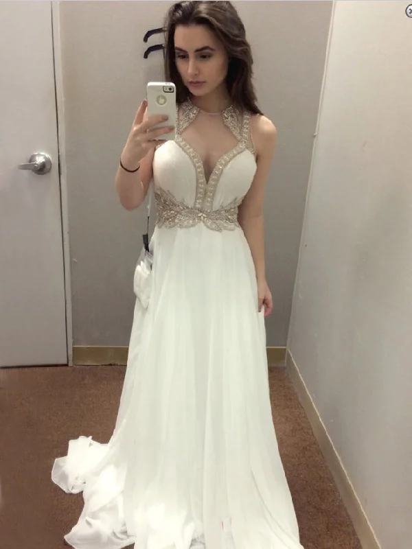 Can't Be Beat Chic Prom Dresses Scoop Short Train Rhinestone Long Prom Dress Ivory Evening Dress JKL567