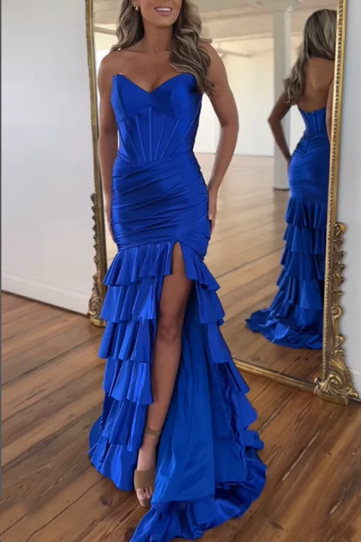 Super Savings lace dressRoyal Blue V-Neck Strapless Tiered Long Prom Dress