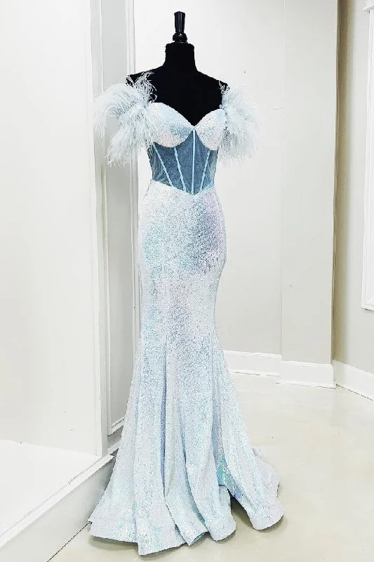 Huge Discounts floral dressWhite Off the Shoulder Sequin Mermaid Prom Dress with Feather
