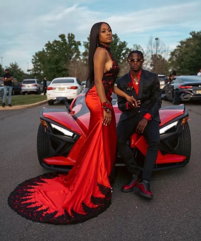 Big Discounts lace-up dressCharming Mermaid Red Satin and Black Lace Prom Dress with Train Y4409