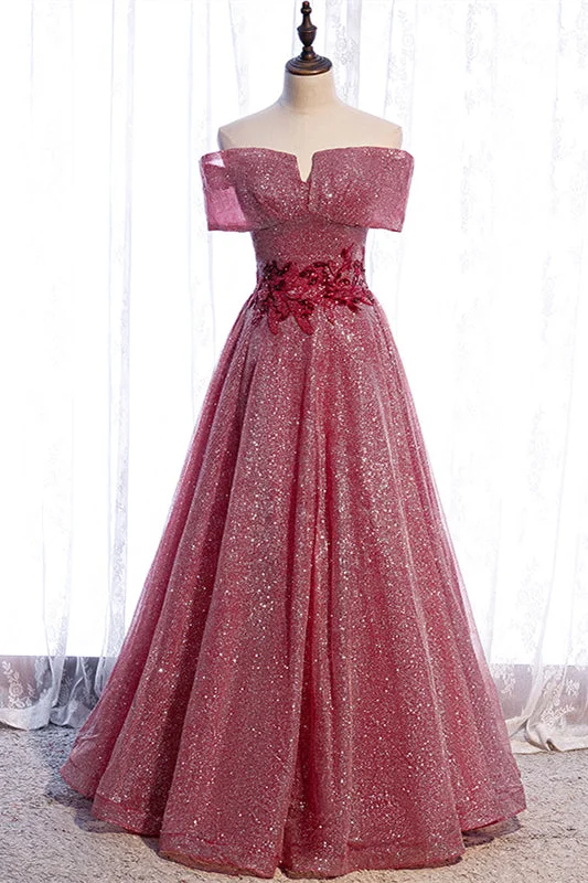 Special Savings party-ready dressDusty Pink Off-the-Shoulder Applique Beaded Long Formal Dress