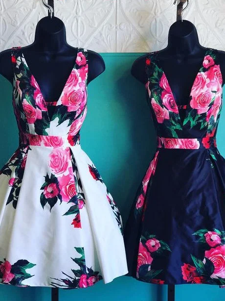 Super Sale Open Back Homecoming Dresses Aline Floral Print Short Prom Dress Party Dress JK854