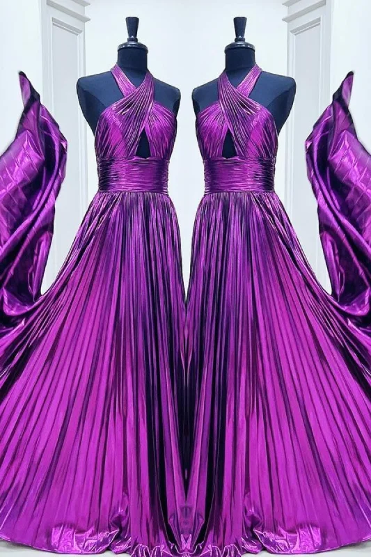 Members Only comfy maxi dressPurple Crossed Halter A-line Satin Long Prom Dress