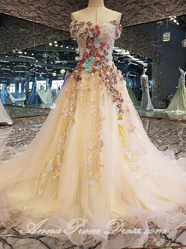New Markdowns Luxury Prom Dresses Off-the-shoulder Aline Appliques Sweep Train Long Prom Dress JKL600