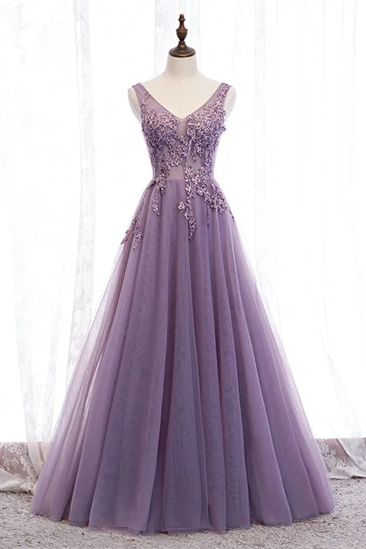 Time-Limited Offer winter dressLavender A-line V Neck Sleeveless Beaded Appliques Maxi Formal Dress