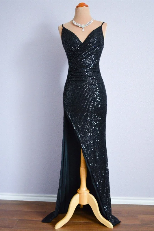Blowout Deals sleek midi dressBlack Mermaid Spaghetti Strap Sequins Long Formal Dress