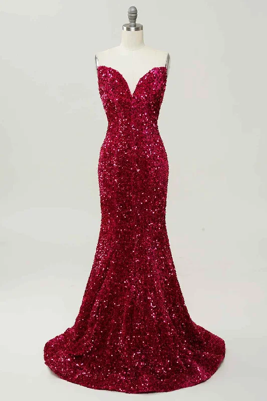 Weekend Special mini dressBurgundy Mermaid V Neckline Sequins Long Prom Dress