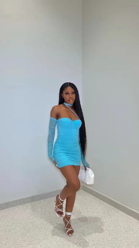 Savings Alert draped dressLong Sleeve Sweetheart Neck Mesh Mini Bodycon Dress,Sexy Blue Mini Homecoming Dress Y4135