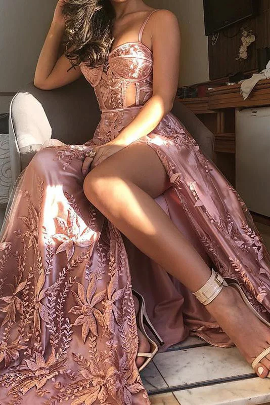 Blowout Deals Rose Pink Unique Lace Spaghetti Strap Side-Slit Prom Dresses GJS216
