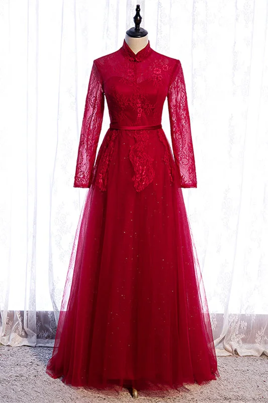 Special Offer wrap dressRed High Neck Long Sleeves Lace Appliques Maxi Formal Dress with Sash