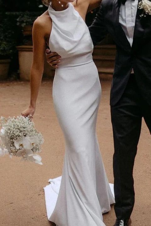 Massive Deals minimalistic dressHigh Neck Open Back Sleeveless Satin Long Wedding Dress Massive Deals minimalistic dressHigh Neck Open Back Sleeveless Satin Long Wedding Dress