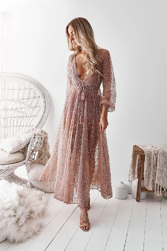Midnight Madness Sexy A-Line V-Neck Shiny Ankle Length Prom/Party Dress with Long Sleeve GJS255