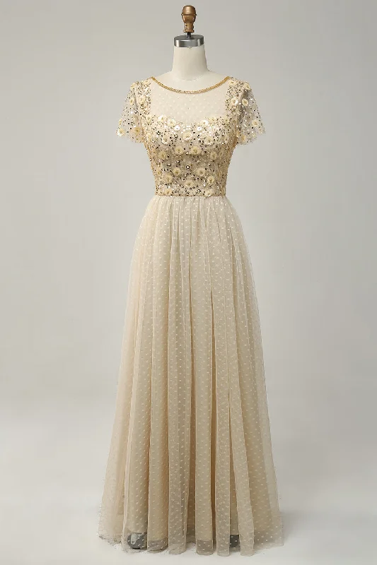 Early Access relaxed fit dressChampagne A-line Dot Appliques Illusion Neck Beaded Long Prom Dress