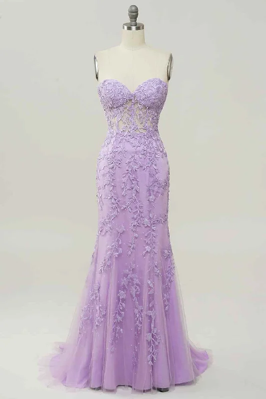 Huge Discounts trendy bodycon dressLilac Mermaid Strapless Lace-Up Tulle Applique Long Prom Dress
