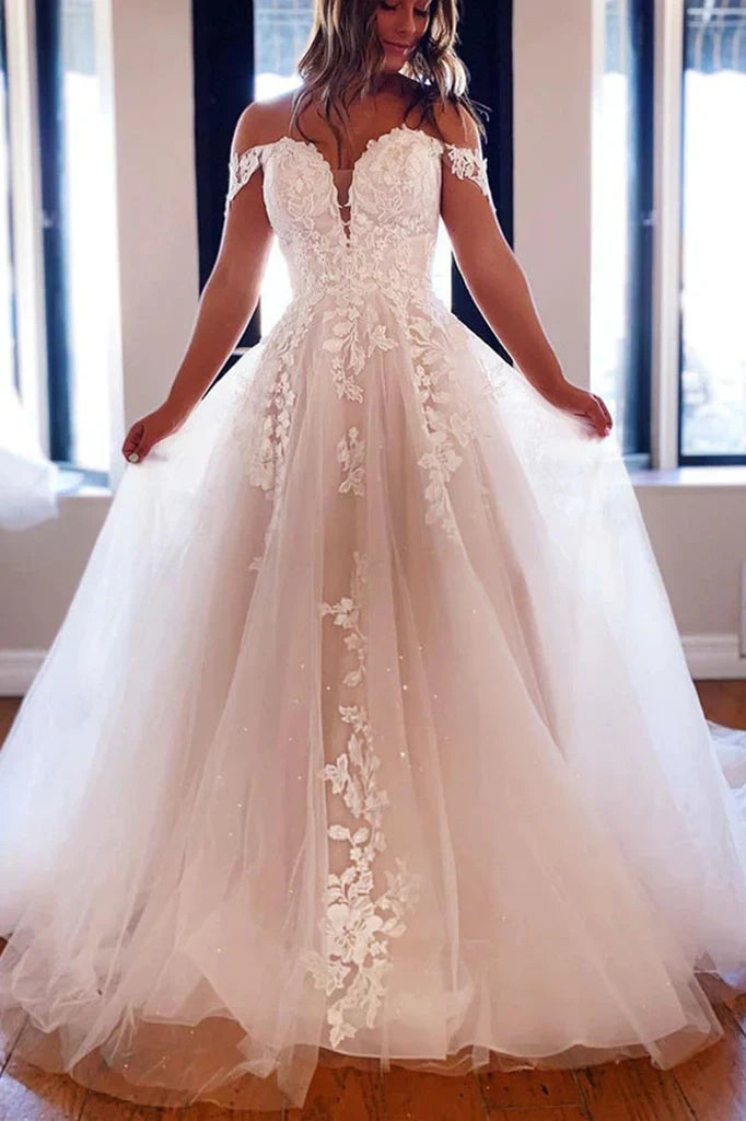 Bargain Blast bodycon dressOff-Shoulder Tulle A-Line Wedding Dress With Appliques