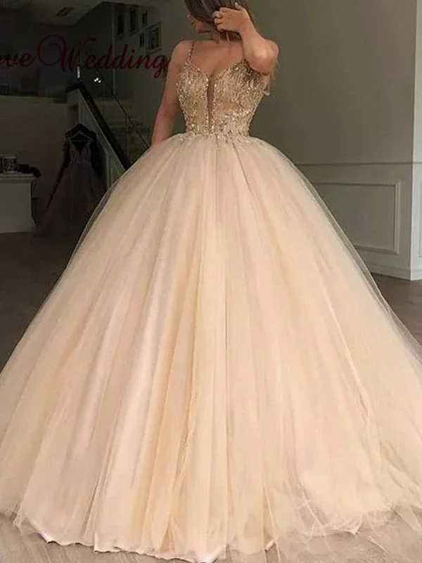 Limited Time Ball Gown V-neck Sleeveless Floor-Length Tulle Beading Prom Dresses ZXS001