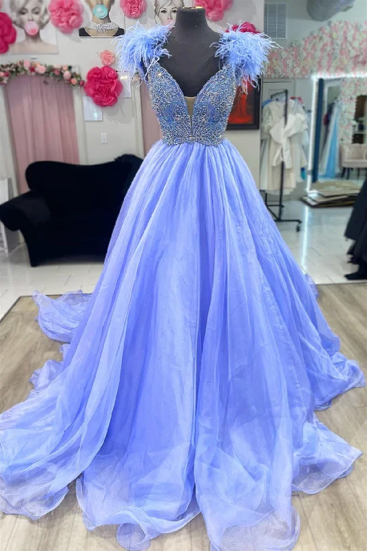 Special Price sleeveless dressLavender Plunging V Beaded A-line Long Prom Dress with Feathers