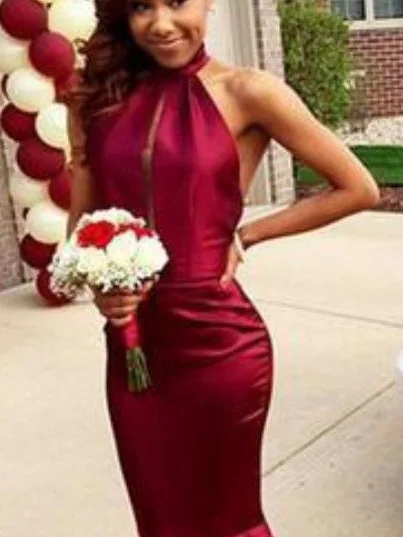 Buy Now Sexy Prom Dresses Halter Short Train Burgundy Long Mermaid Prom Dress JKL643