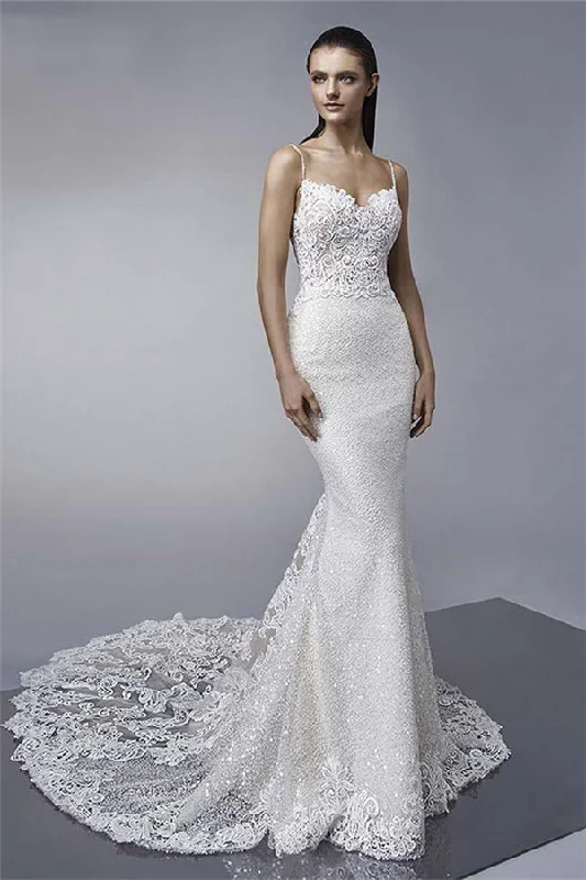 Fantastic Deals Spaghetti Straps Shiny Sequins Mermaid Wedding Dresses Backless Appliques Bridal Gowns