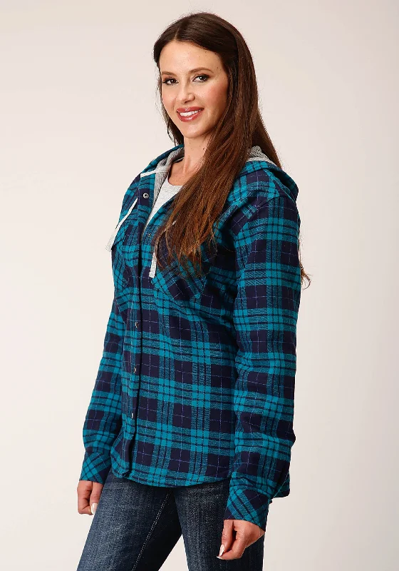 Daily Specials trendy bomber coatWOMENS SNAP THERMAL LINED FLANNEL SHIRT JACKET TURQUOISE NAVY PLAID