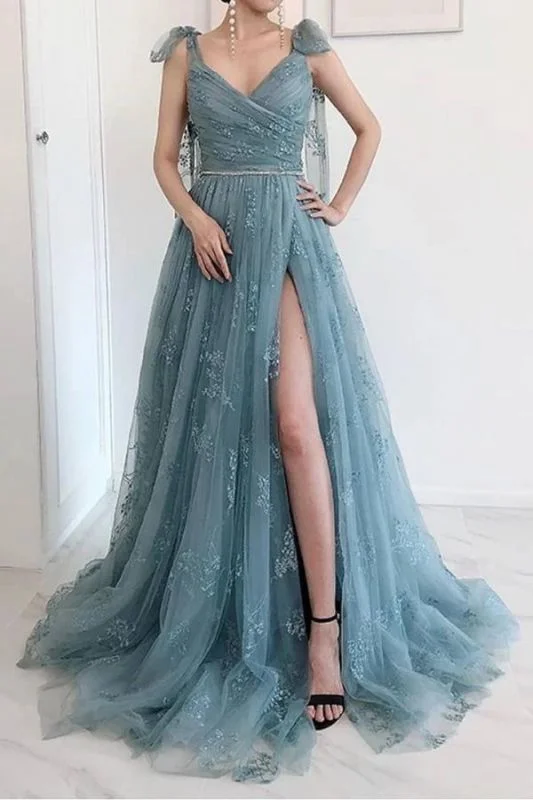 Big Discounts Gorgeous Tulle Sleeveless Dusty Blue Sweetheart High Split Prom Dresses GJS186
