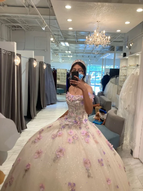 Quick Sale denim dressStunning Off The Shoulder Floral Applique Quinceanera Dress Ball Gown Sweet 16 Dress Y4513