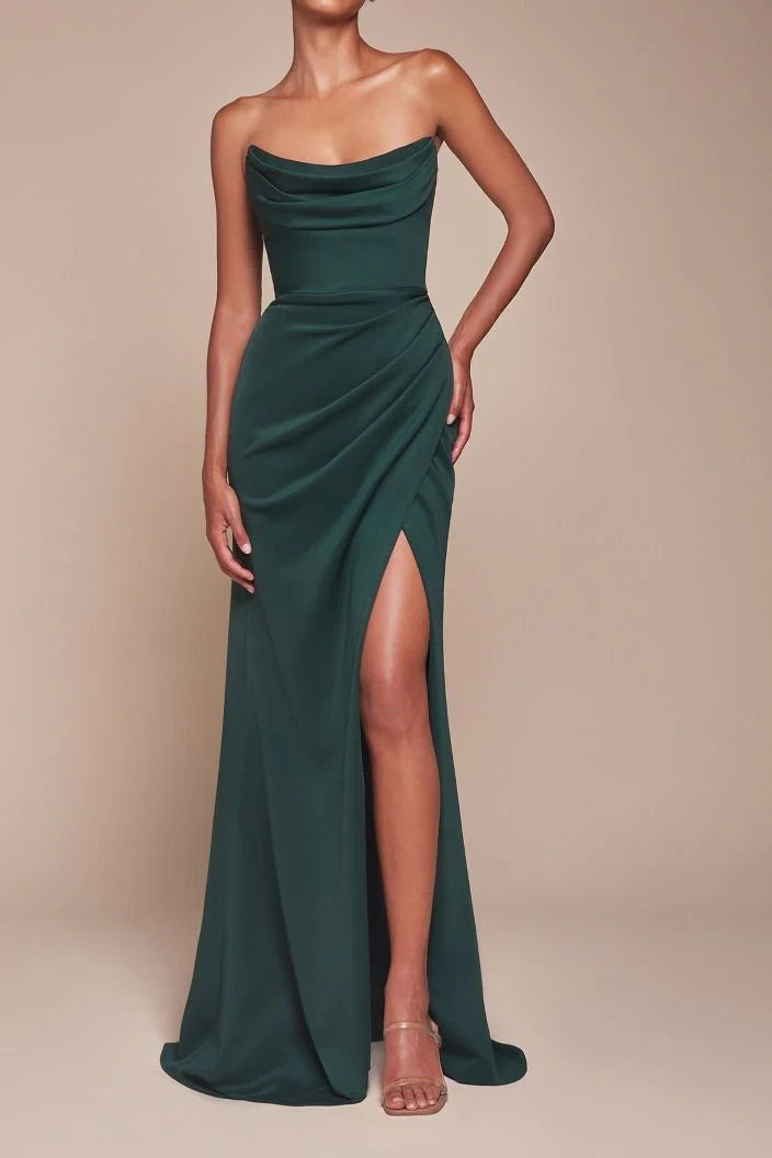 Extra Savings romantic dressBateau Strapless Satin Long Bridesmaid Dress With Side Slit