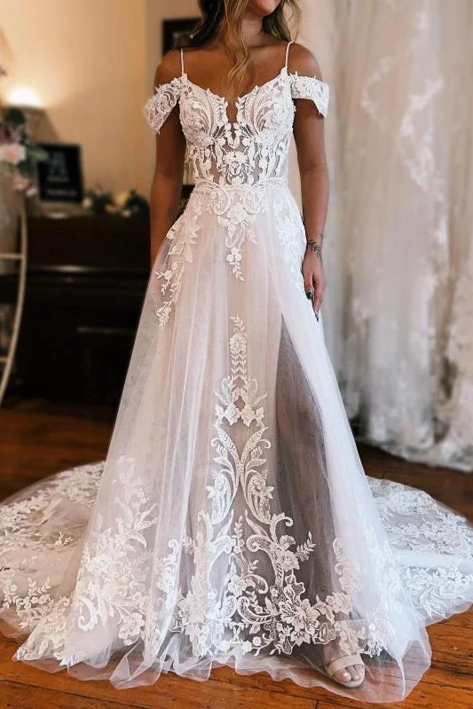 One-DAY Sale wool dressOff-Shoulder Lace A-Line Empire Wedding Dress With Slit