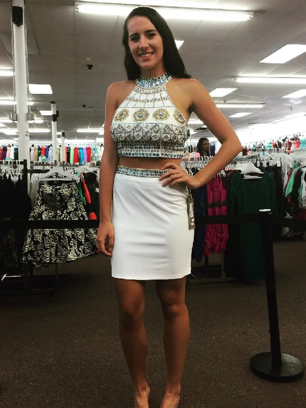 Huge Discounts Two Piece Homecoming Dresses Aline Red White Sparkly Short Prom Dress Party Dress JK881