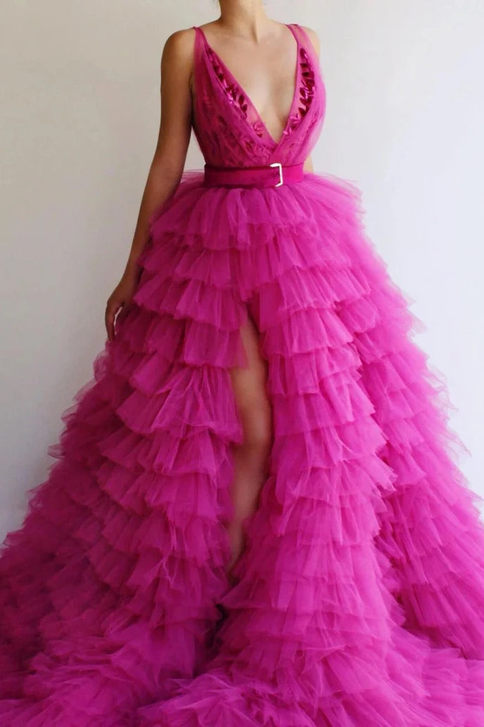 Blowout Deals knit dressChic Tulle A-Line V-Neck Sleeveless Appliques Tiered Prom Dress