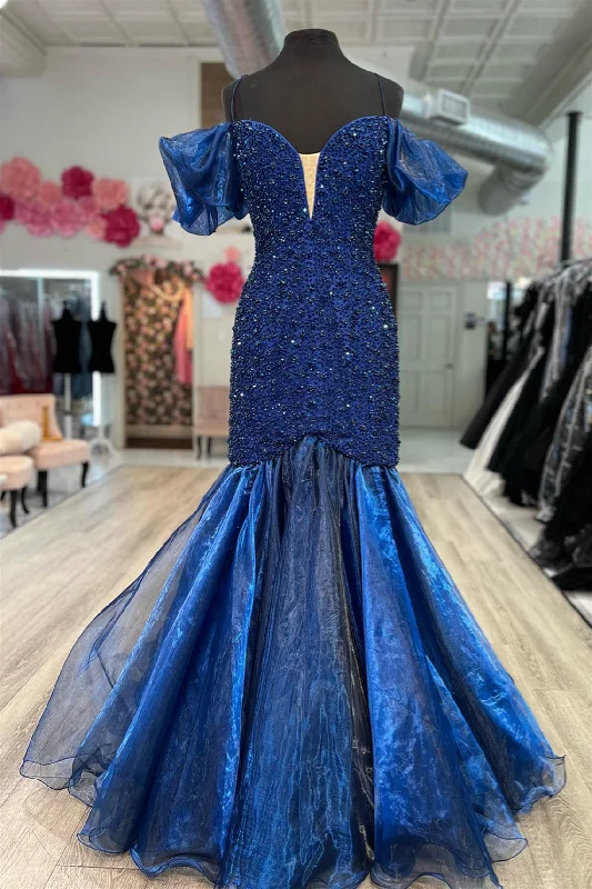Deal Dash casual shift dressNavy Blue Mermaid Plunging Off-Shoulder Beaded Long Prom Dress