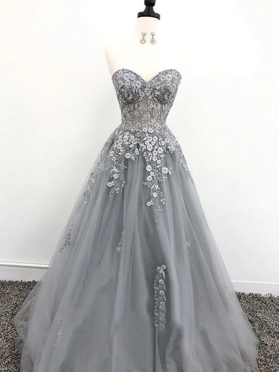 Limited Time Fairy Prom Dresses Sweetheart A-line Long Tulle Grey Prom Dress Fashion Evening Dress JKL1611