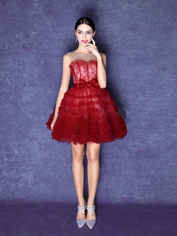 Overstock Burgundy Homecoming Dresses Ball Gown Lace Short Prom Dress Party Dress JK580