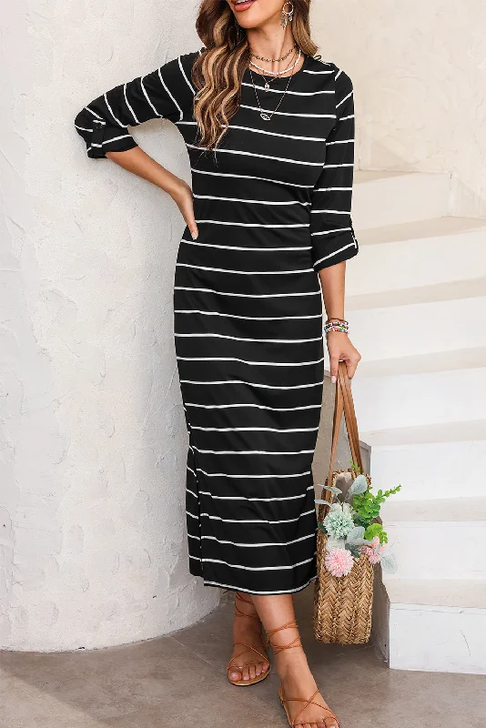Shop and Save Black Striped Casual Slit Long Dress