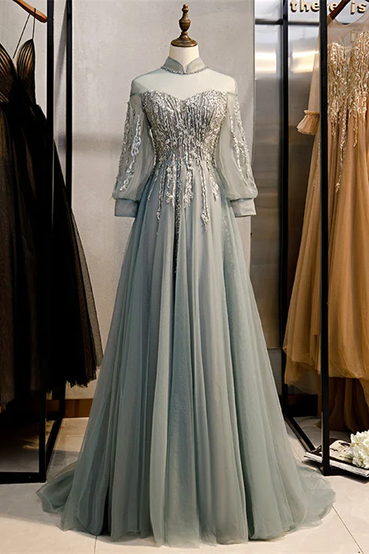 Reduced Prices comfy maxi dressGrey A-line Illusion High Neck Long Sleeves Beaded Maxi Formal Dress
