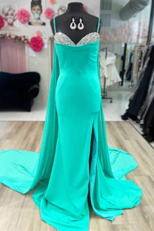 Early Access elegant maxi dressGreen Spaghetti Straps Beaded Mermaid Long Prom Dress with Slit