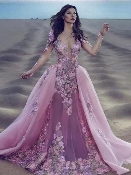 Final Clearance Long Sleeve Prom Dresses Aline Hot Pink Open Back Prom Dress Sexy Evening Dress JKL1543